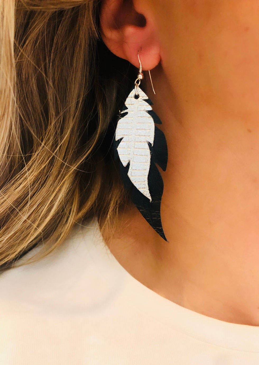 Thumbnail: Silver & Midnight Moc Croc Leather Feather Earrings