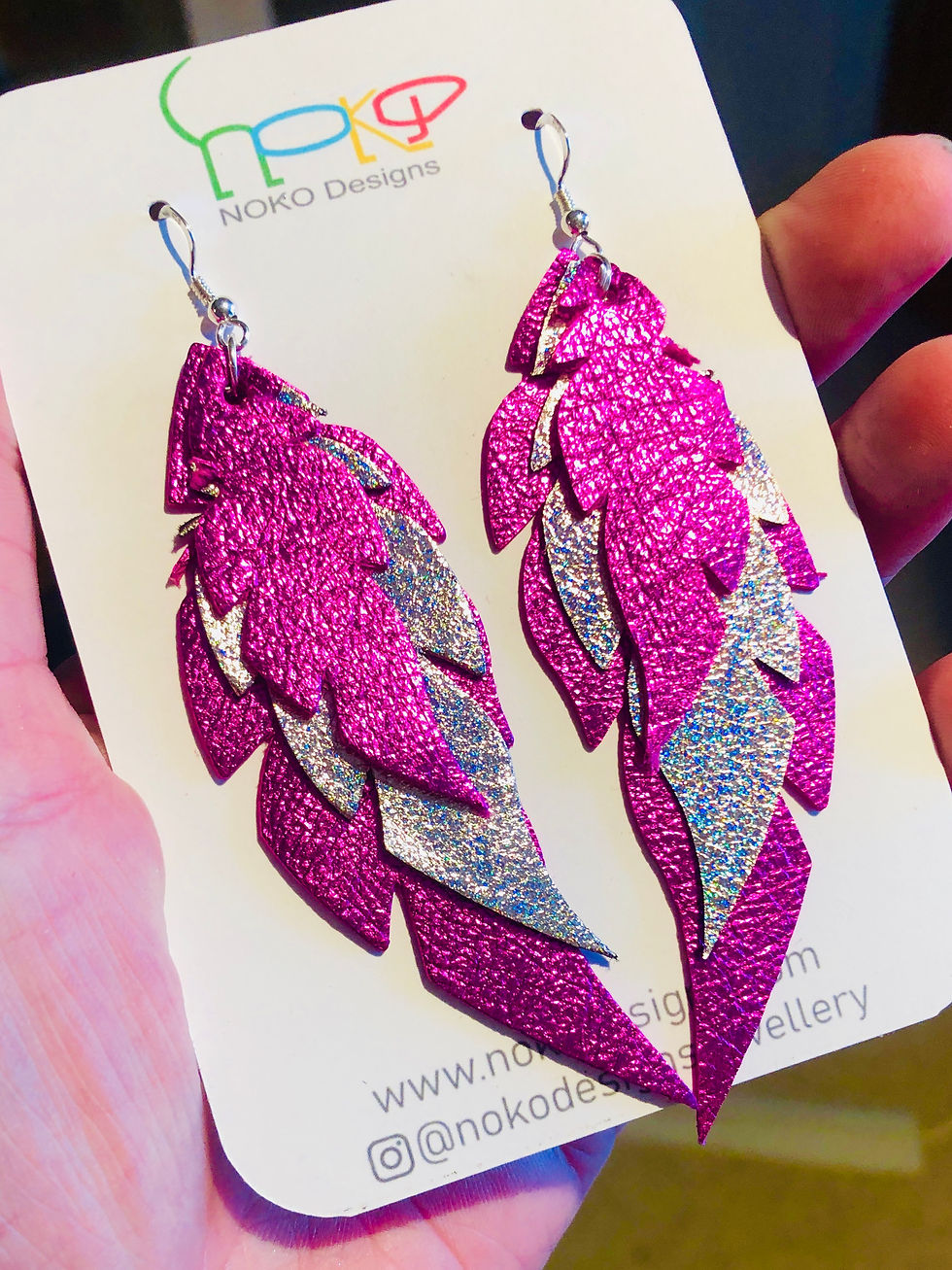Thumbnail: Bright Pink & Silver Leather Feather Earrings