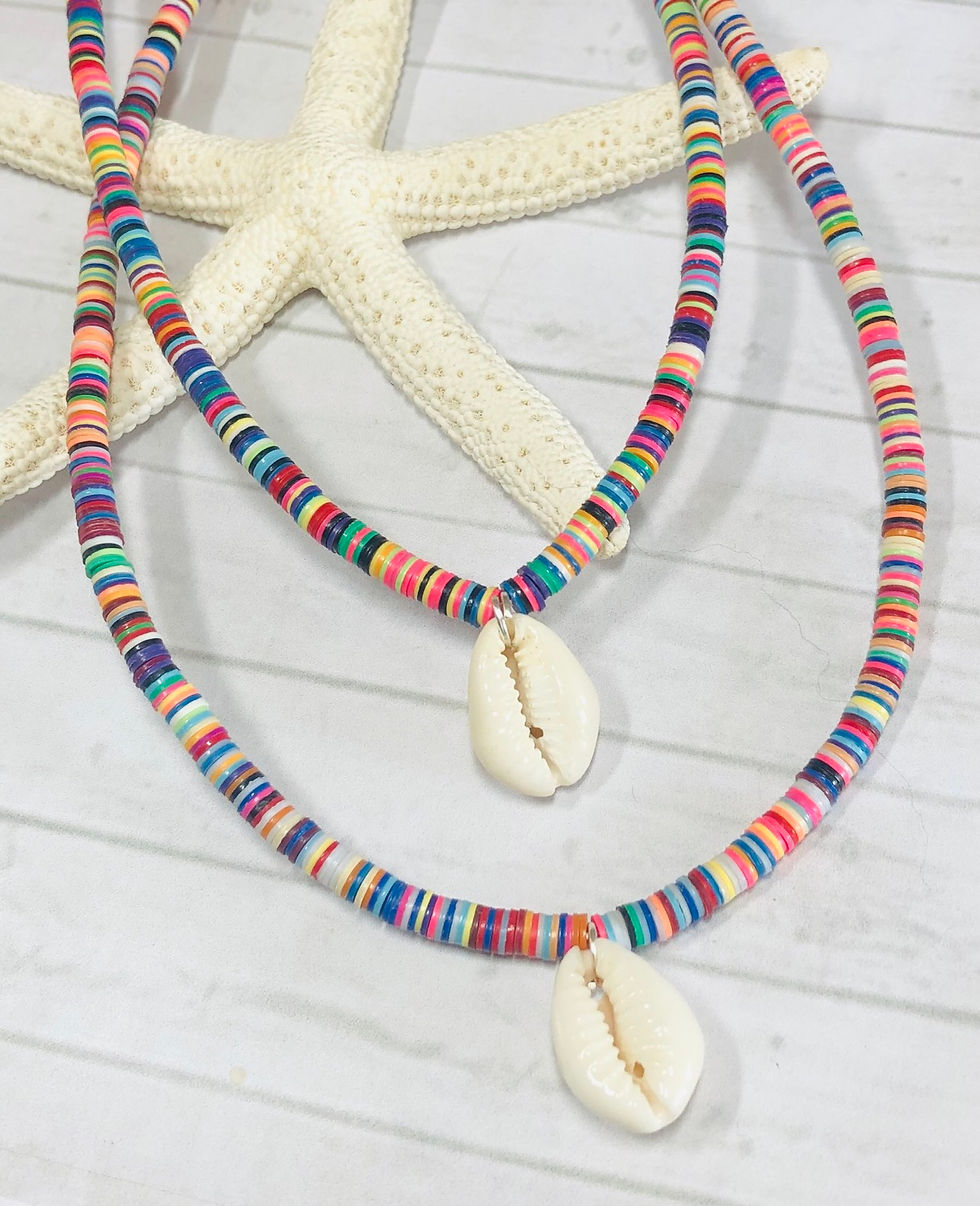 Thumbnail: Cowrie Shell & Vinyl Disc Bead Necklace