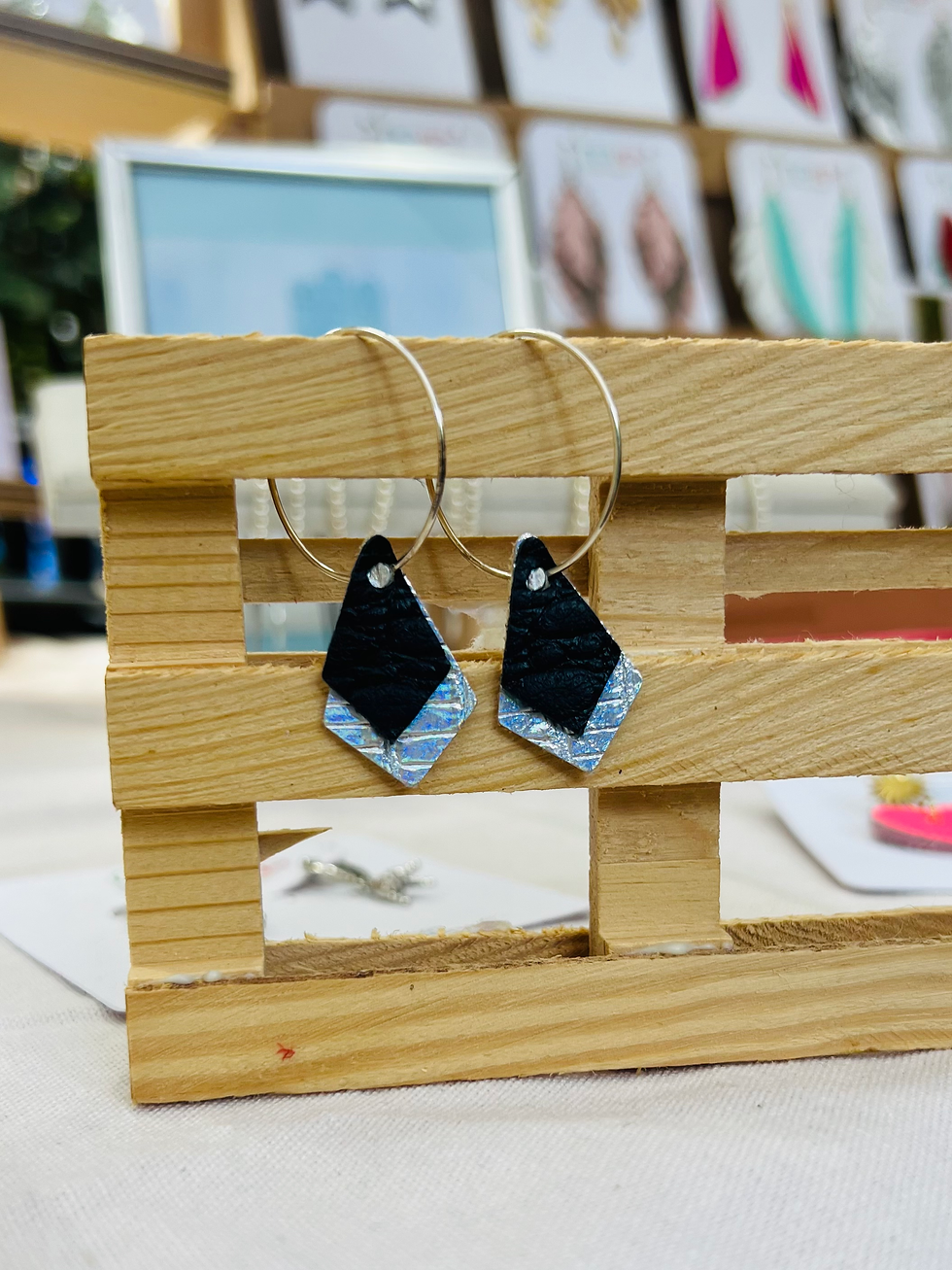 Thumbnail: The Small - Navy & Iridescent Silver Leather Hoop Earrings