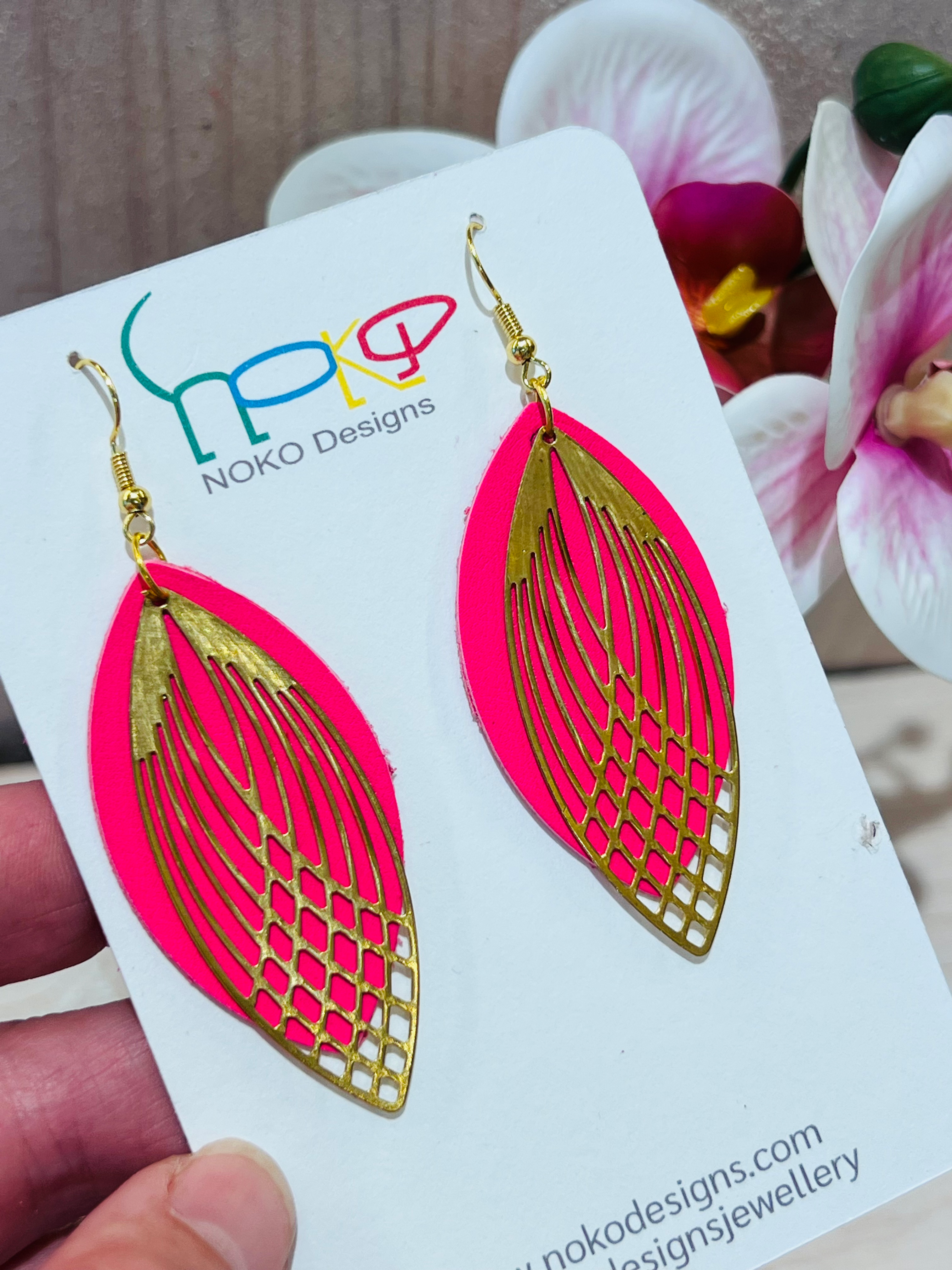 Bright Pink & Brass Leather Petal Earrings