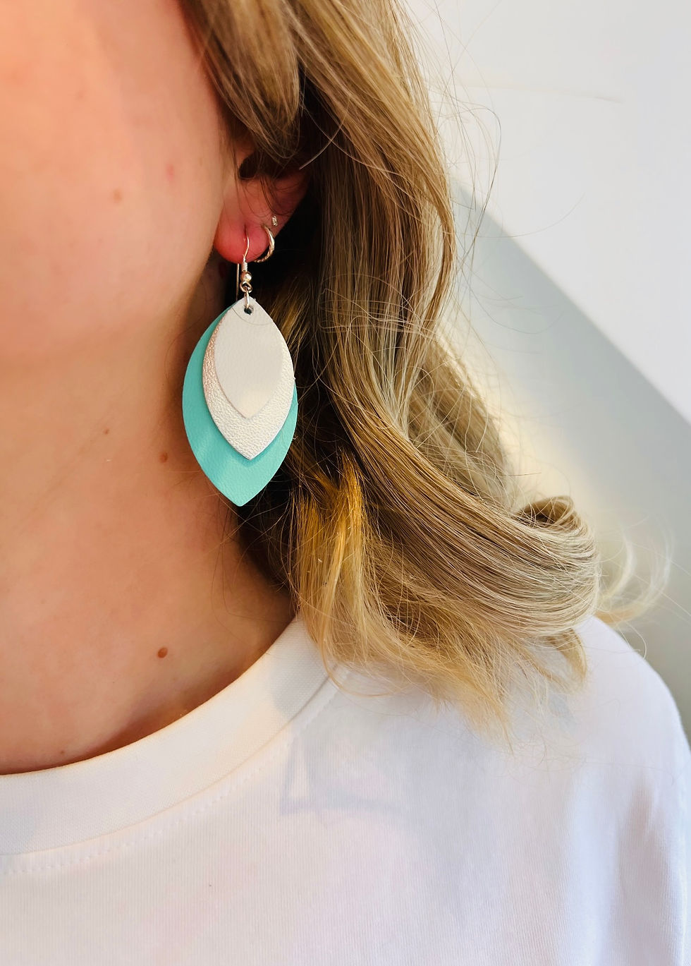 Thumbnail: Triple Turquoise Leather Petal Earrings
