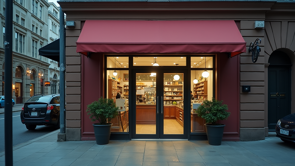 Eye-level view of a small business with open doors