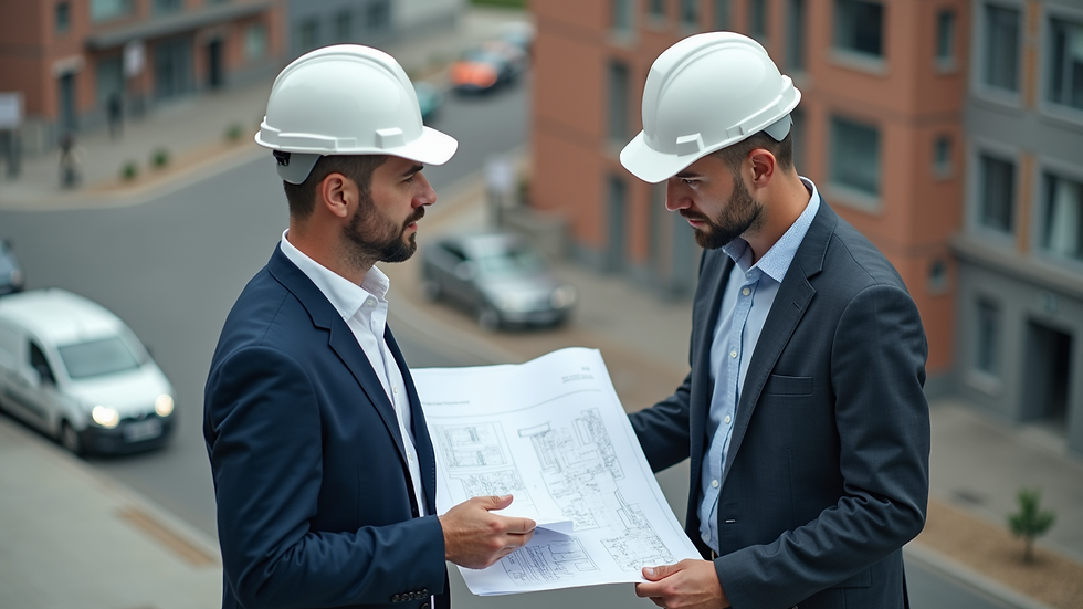 High angle view of a project manager discussing plans with an architect