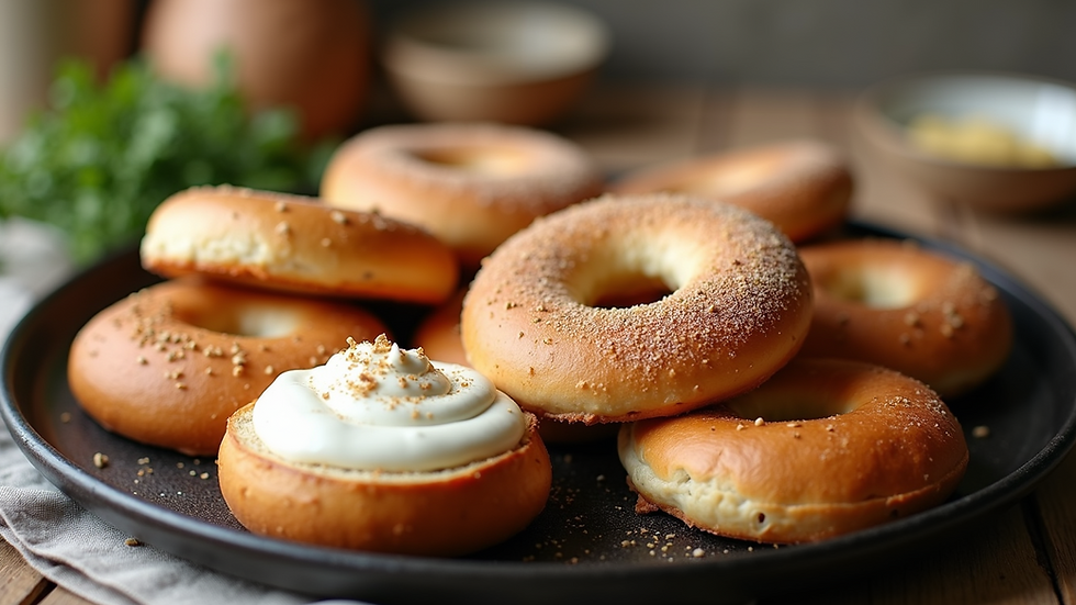 Close-up view of a platter with assorted fresh bagels and cream cheese spreads