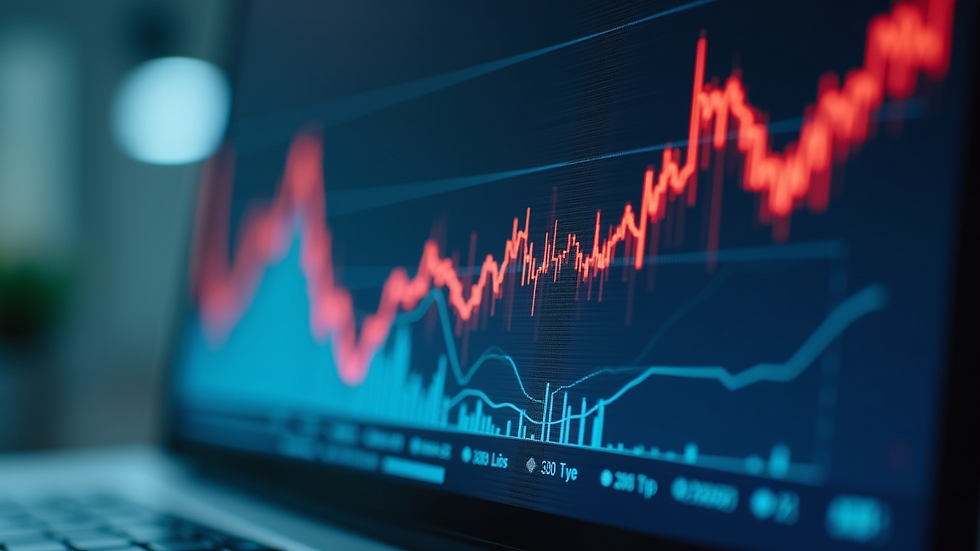 Close-up view of a stock market graph showing upward trends on a digital screen