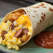 Hearty breakfast burrito stuffed with eggs, chorizo, potatoes, and cheese, served with salsa – Waynedale Café Fort Wayne