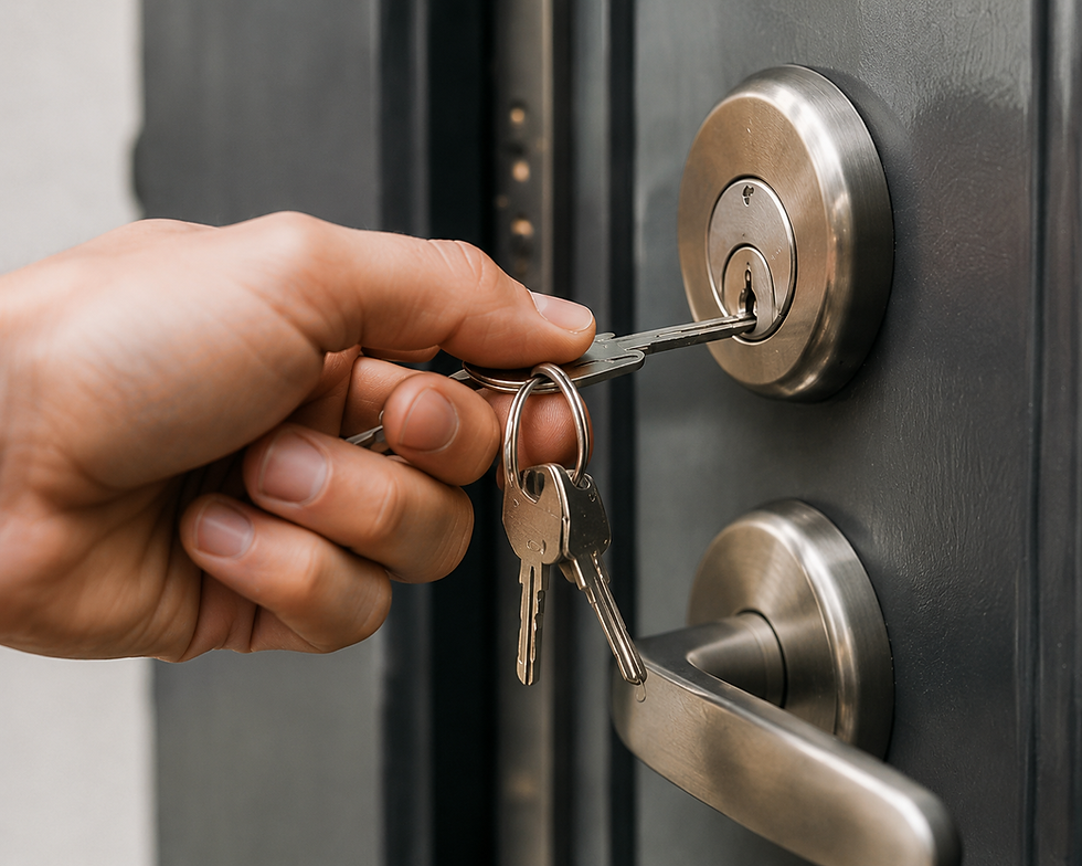 Close-up of a hand inserting a key into a modern door lock, with a keyring of keys visible; landscape orientation, neutral colors, locksmith theme.