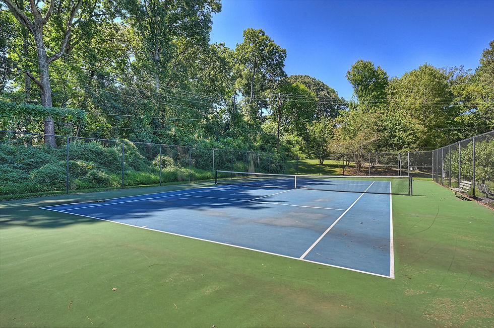 Empty blue-and-green tennis court surrounded by trees and chain-link fencing under a bright clear sky.