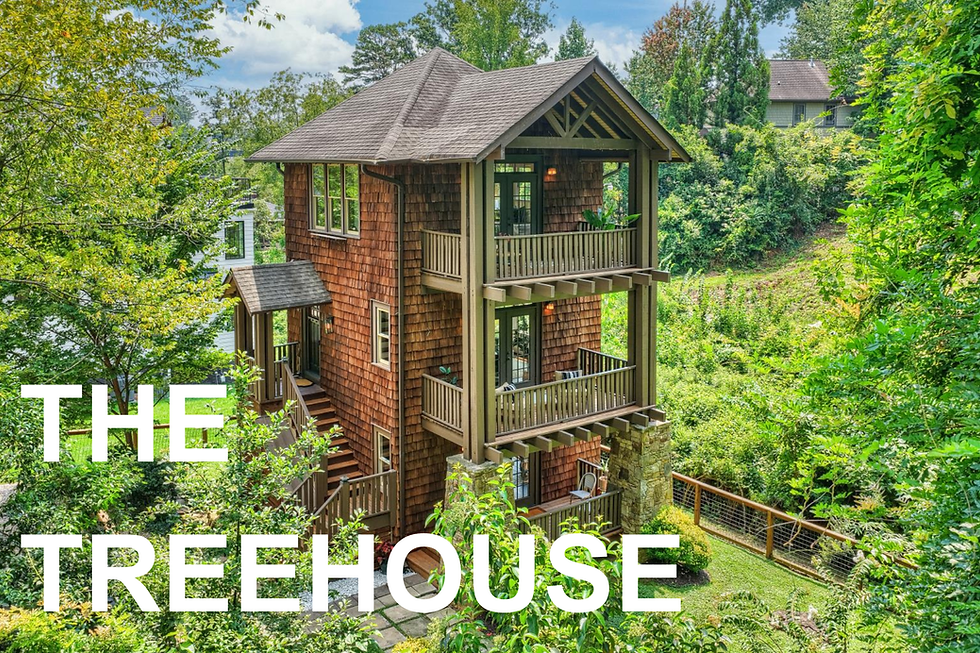 Rustic treehouse in lush greenery with text A Modern Fairytale in the Heart of Midwood TREEHOUSE