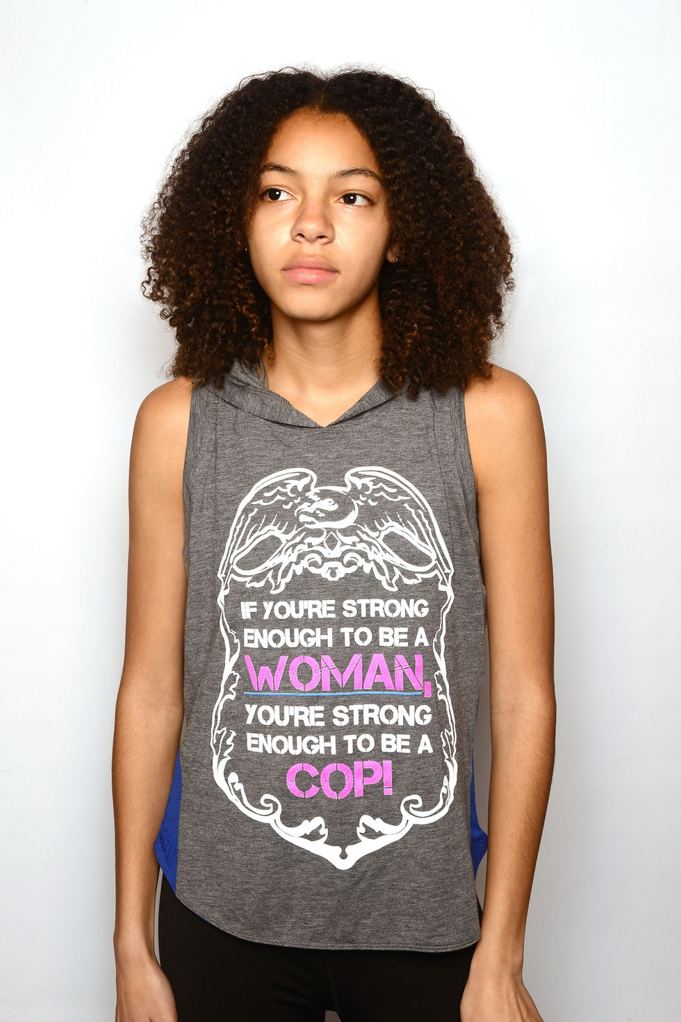Thumbnail: Blue and GreyTri-Blend Wicking Hoodie Tank White Badge