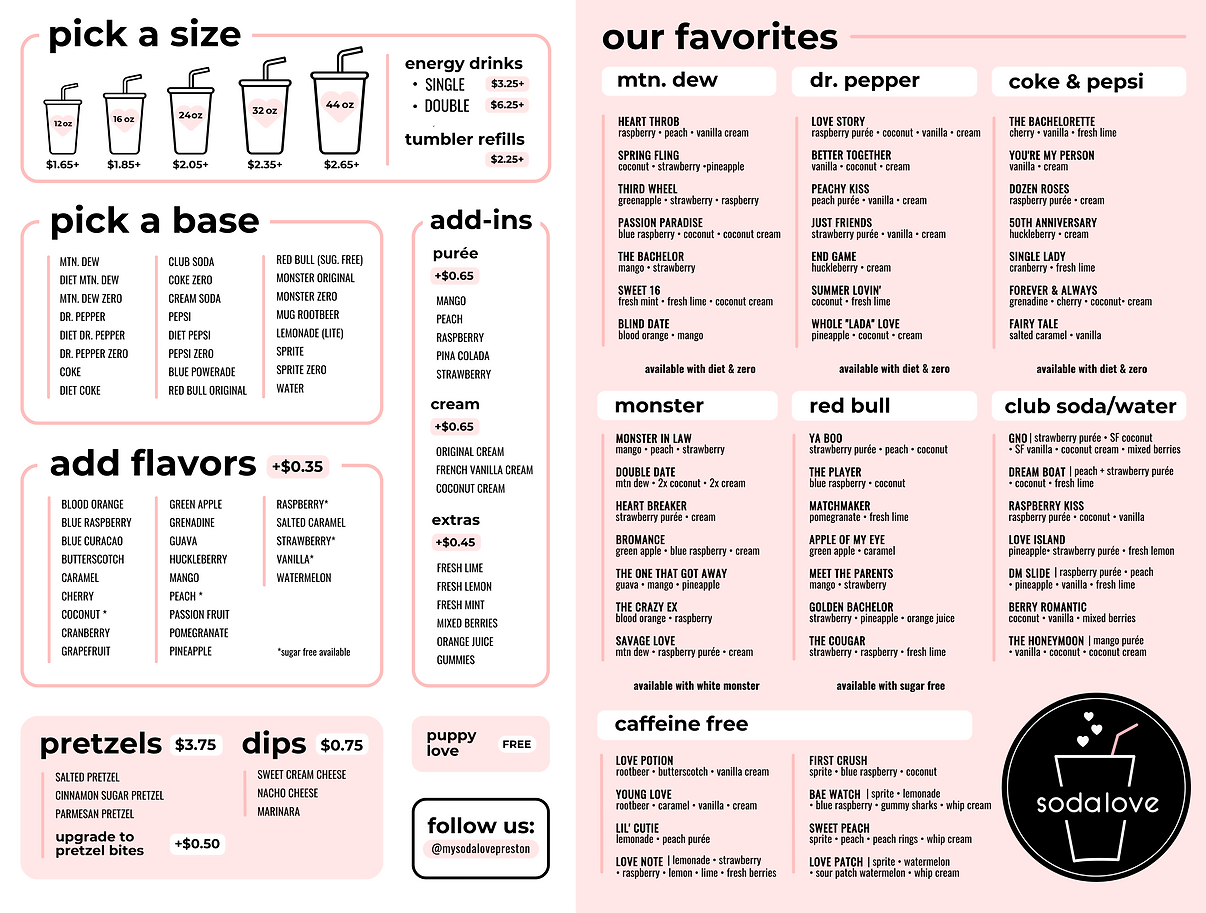 sodalove Preston location menu with drink and treat options on a pink background