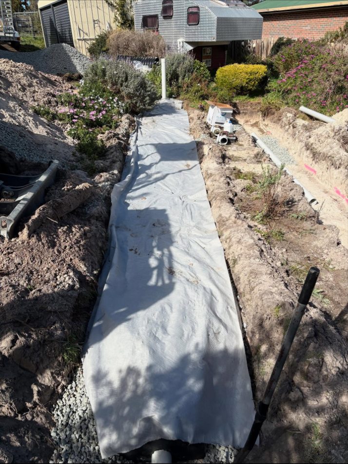 Geotextile: Geotextile fabric laid over the top before backfilling.