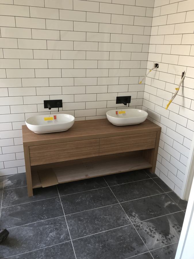 Timber double vanity with wall-mounted matte black mixers