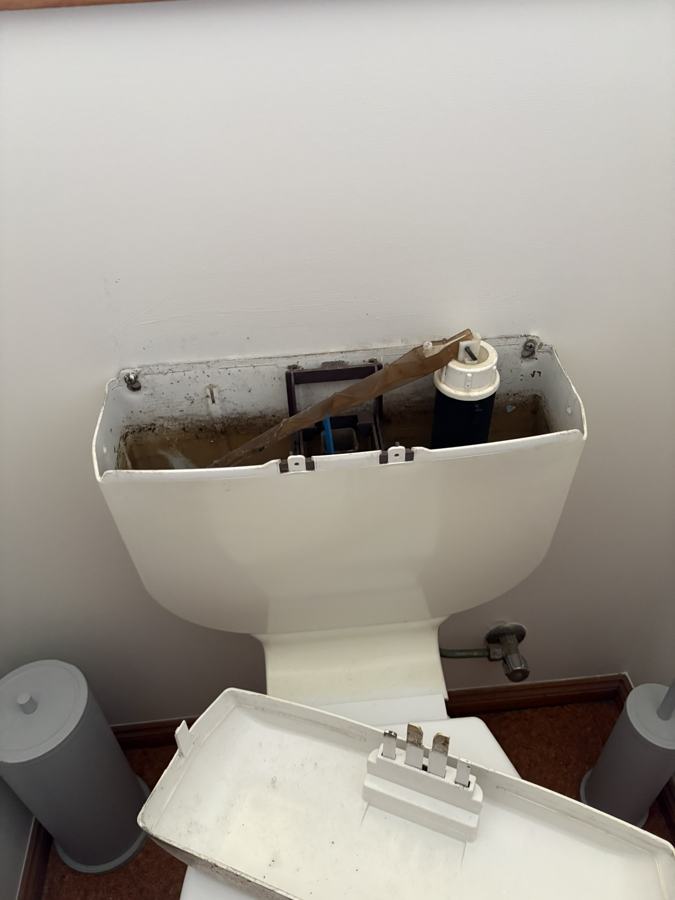 Old toilet cistern opened up, showing worn and stained parts