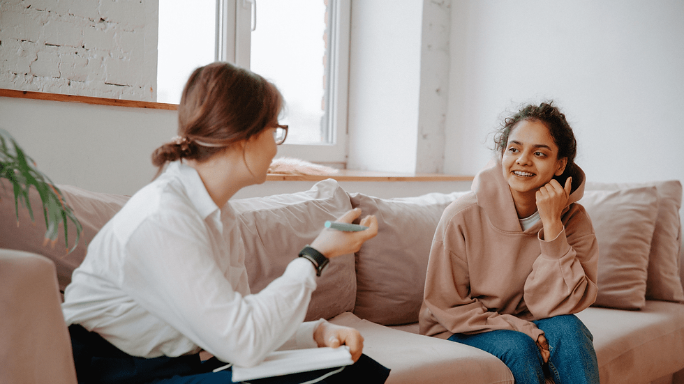 Client & Therapist on Couch During Therapy Session | Bariatric Psych Evaluation Online | Pre-Bariatric Surgery Therapy