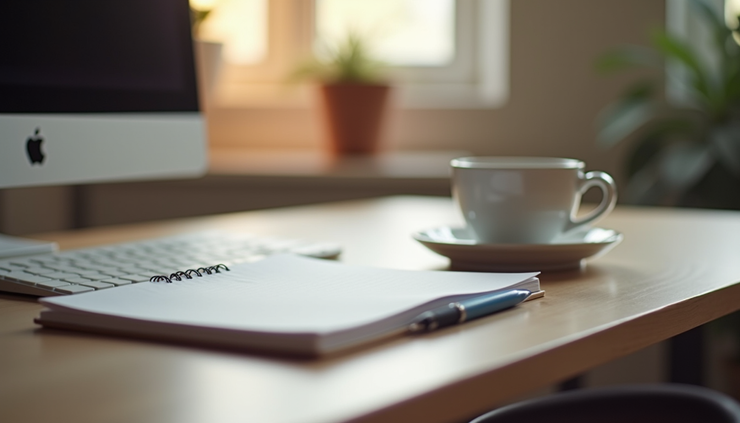 Eye-level view of a single desk with a notebook and coffee cup, symbolizing quiet reflection and disengagement