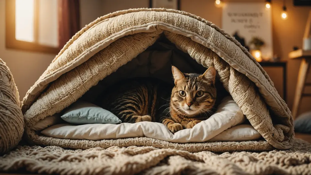 Close-up view of a DIY cat fort made of blankets and cushions