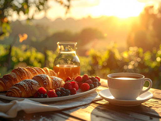 朝の光に照らされた屋外のテーブルに、クロワッサンとベリー、オレンジジュース、温かい飲み物が並んでいる静かな朝食の風景。