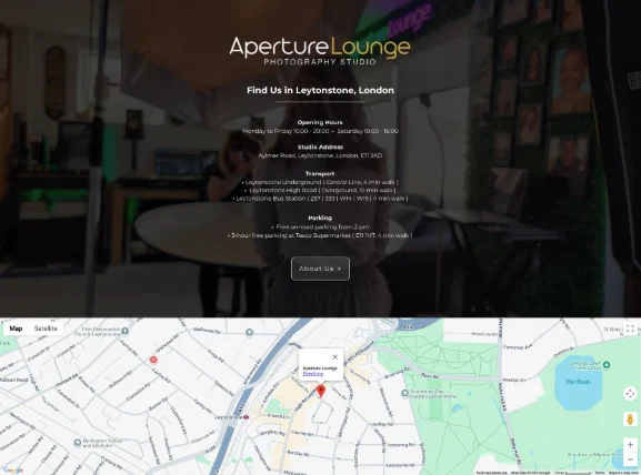 Aperture Lounge website - studio location and map
