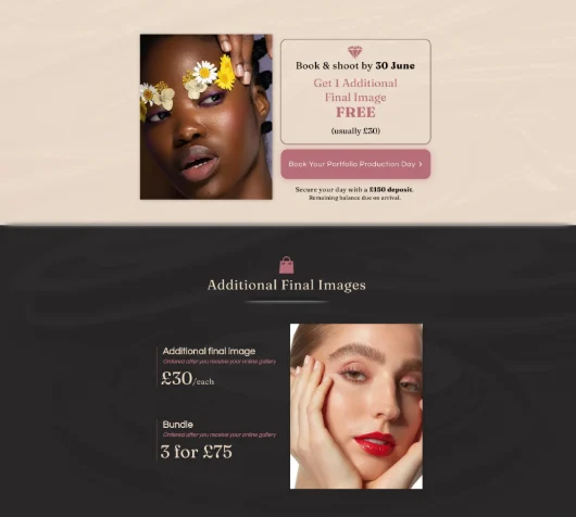 Aperture Beauty website - booking offer and additional final images pricing