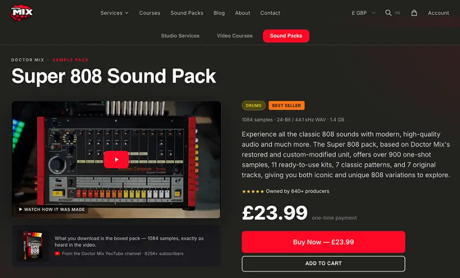 The Super 808 Sound Pack product page on doctormix.com