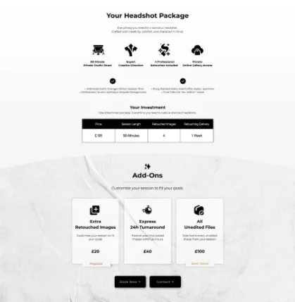 Aperture Lounge website - packages and pricing