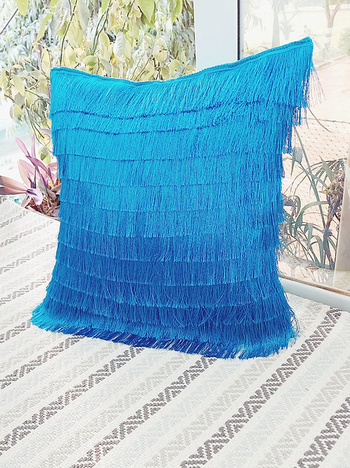 Teal Fringe Layered Solid Cushion Cover