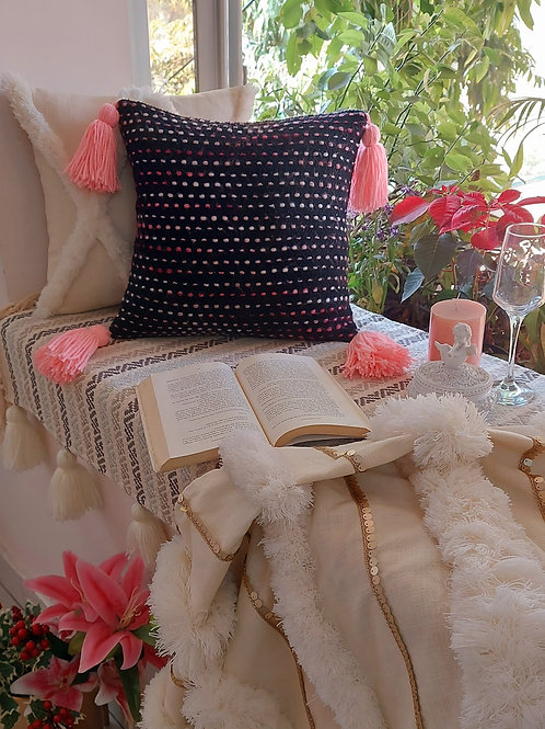 Dotted Pathways Black Cushion Cover with Pink Tassels