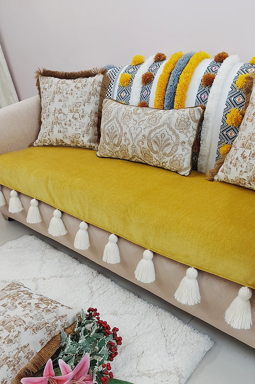 Mustard Bohemian Tufted Multicolored Tassel Throw/Couch Cover Set