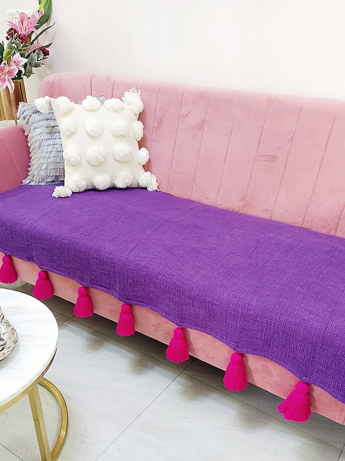 Purple Textured Couch Cover with Multicolour Tassels