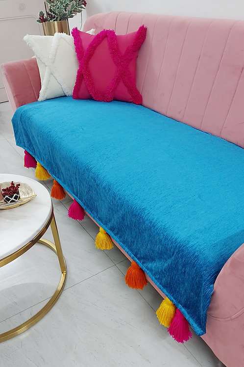 Teal Blue Throw/Couch Cover with Tri-Coloured Tassels