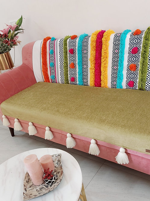 Bohemian Green Tufted Multicolored Tassel Throw/Couch Cover Set