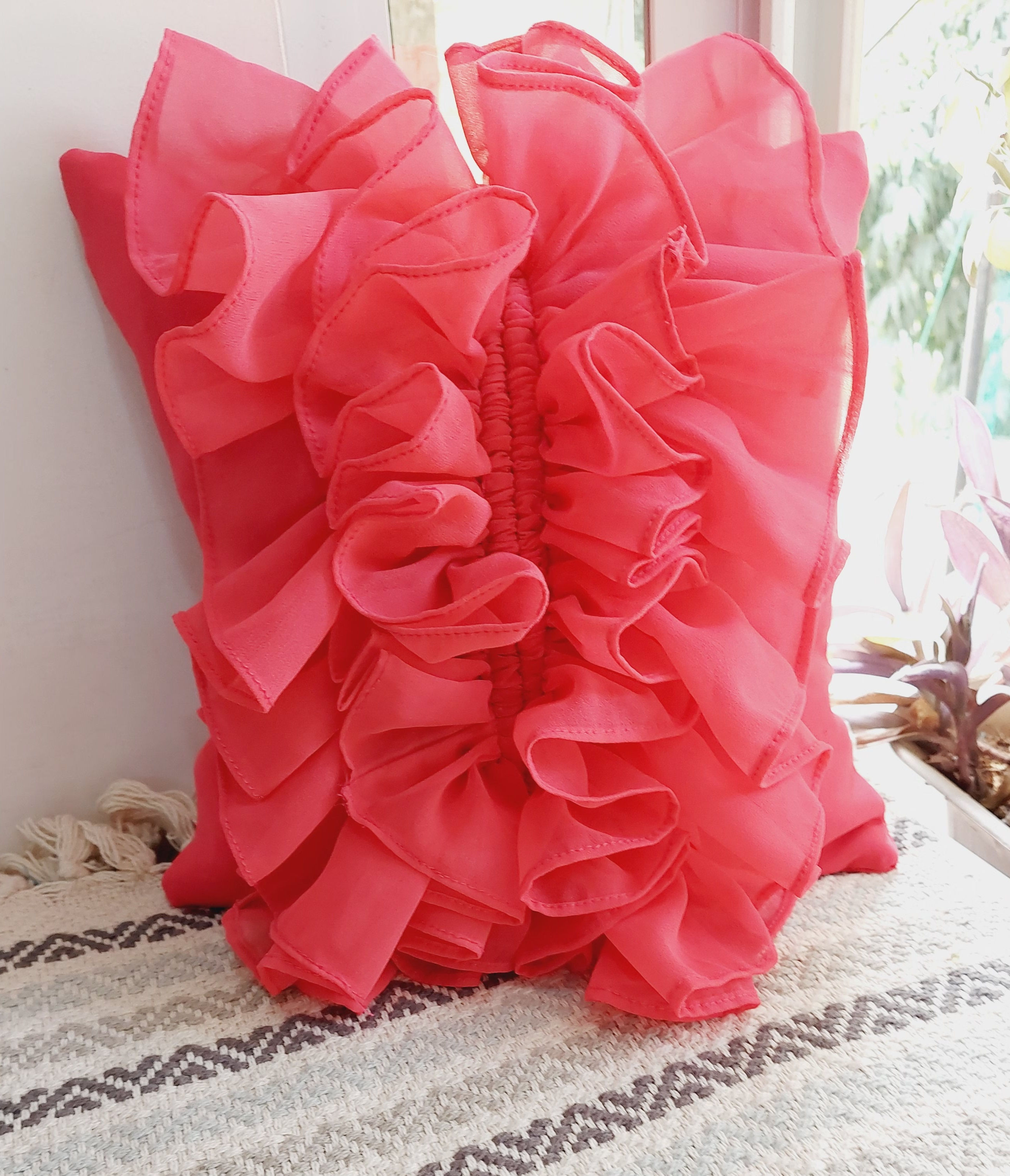Pink Waterfall Ruffles Cushion Cover