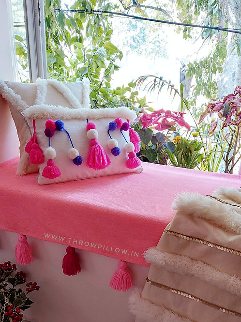 Playful Tassels-Poms White Cushion Cover- 12x18 inches