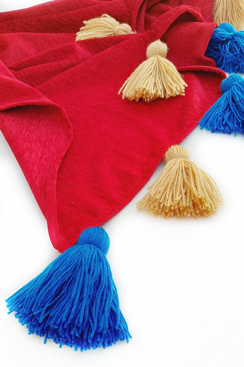 Blood Red Throw with Beige and Blue Tassels