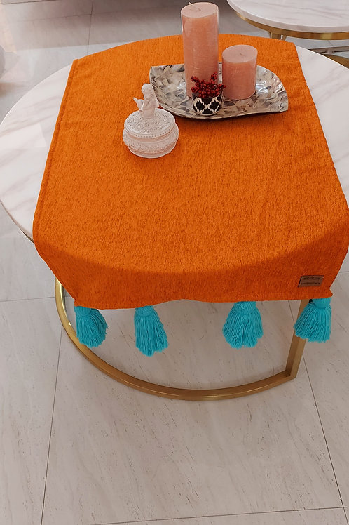 Orange Table Runner with Chunky Blue Tassels