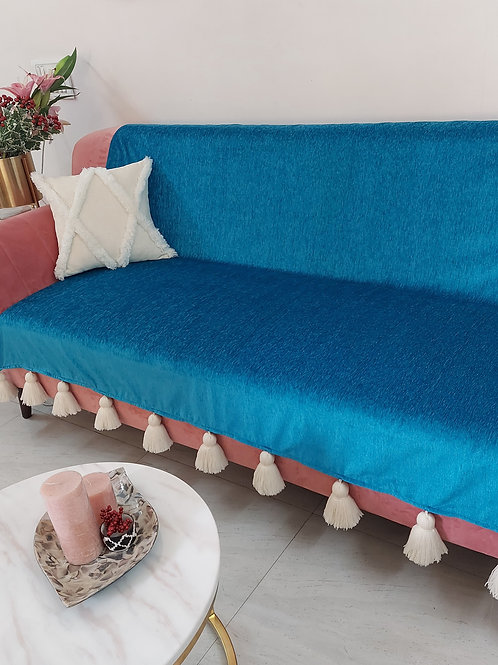 Teal Blue Throw Cover with White Tassels