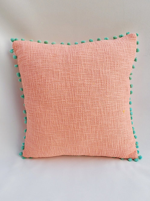 Blush Textured Cushion Cover with Aqua Blue Pom-Pom Lace