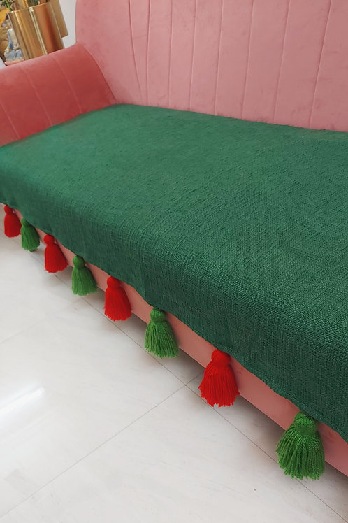 Green Textured Throw/ Couch Cover- Red & Green Tassels