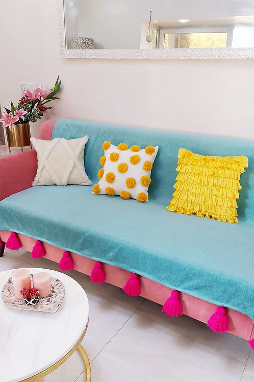 Turquoise Blue Throw With Pink Tassels