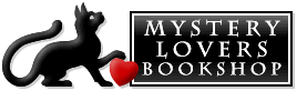 Logo of Pittsburgh's oldest Indie bookstore, Mystery Lovers Bookshop: A black frame with the words Mystery Lovers Bookshop, with a black cat toying with a heart on the sign