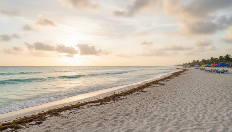 Wide-angle view of a calm Cancún beach with turquoise water and light sargassum near the shoreline
