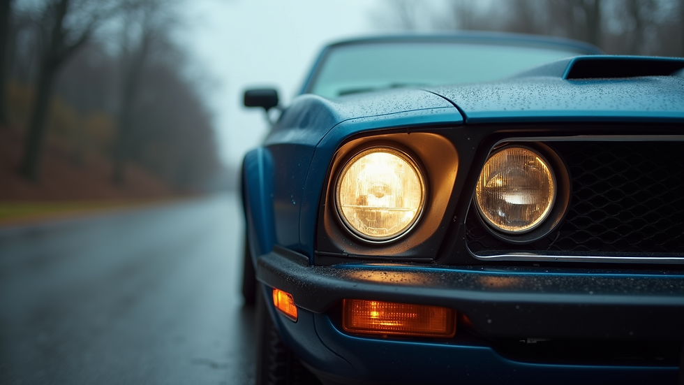 Eye-level view of car headlights and front grille