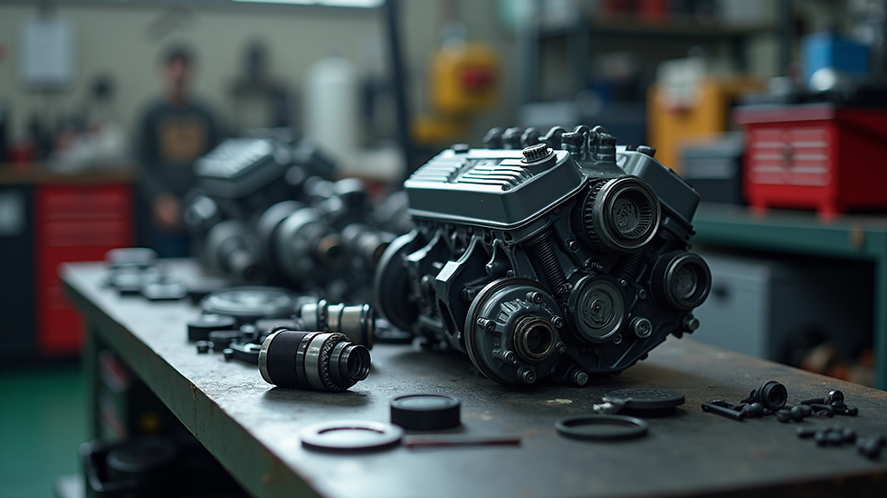 Close-up view of car engine parts neatly arranged on a workbench