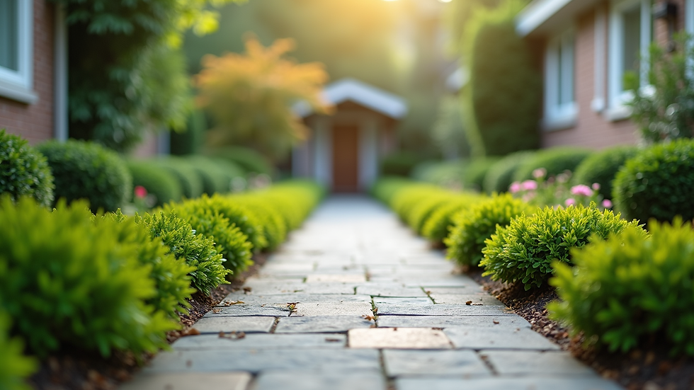Close-up view of a well-maintained front yard with trimmed bushes and clean walkway