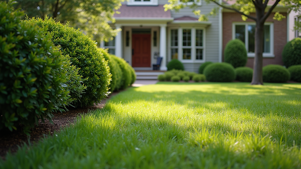 High angle view of a well-maintained front yard with trimmed bushes