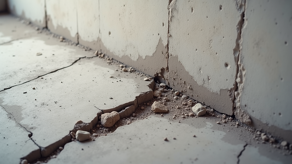 High angle view of a cracked foundation wall needing repair