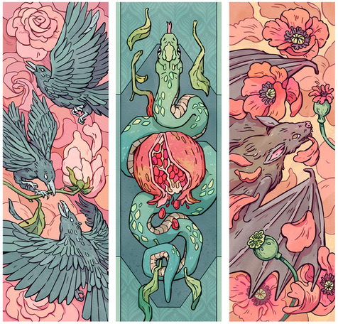 3 Bookmarks in turquoise and coral red with animals: Raven, snake and bat in a tarot style