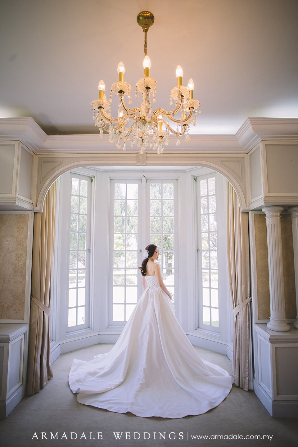 White satin ball gown